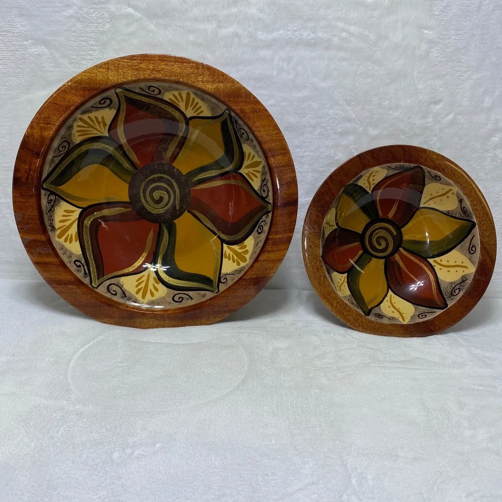 Clemente Los Cabos Wooden Bowl Set Hand Painted Floral Home Decor Colorful Bowls